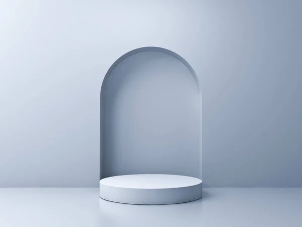 Blank White Podium Pedestal White Grey Background Shadow Reflection Rendering — Stock Photo, Image