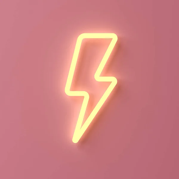 Yellow neon thunder or lightning isolated on pink pastel color wall background with shadow 3D rendering