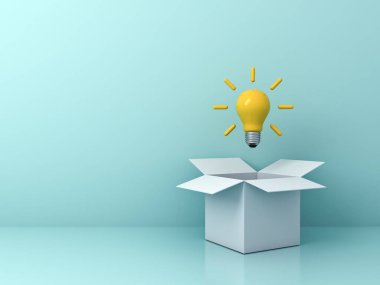 Beyaz karton kutunun dışında süzülen parlak sarı fikir ampulünü düşünün açık yeşil pastel arka planda izole edilmiş, gölgesi 3 boyutlu.