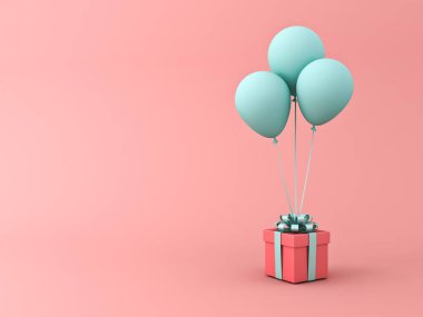 Kırmızı hediye kutusu ya da açık yeşil pastel renkli kurdele ve açık kırmızı turuncu pastel renkli arka planda izole edilmiş balonlar.