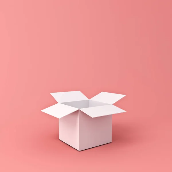 Białe Otwarte Pudełko Kartonowe Izolowane Jasnoróżowym Pastelowym Tle Koloru Jasnoróżowego — Zdjęcie stockowe