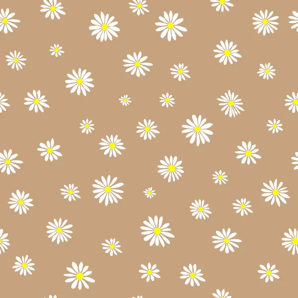 Giysiler için papatya deseni Grafik Vektör Yazdırma. Kahverengi arka planda beyaz papatyalar kusursuz vektör deseni. Düz dizaynlı Daisy. Basit papatya çiçeği elle çizilmiş. Vektör çizimi. Çiçek desenli vektör