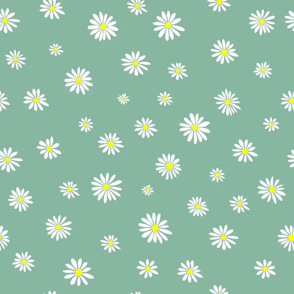Giysiler için papatya deseni Grafik Vektör Yazdırma. Yeşil arka planda beyaz papatyalar kusursuz vektör deseni. Düz dizaynlı Daisy. Basit papatya çiçeği elle çizilmiş. Vektör çizimi. Çiçek deseni