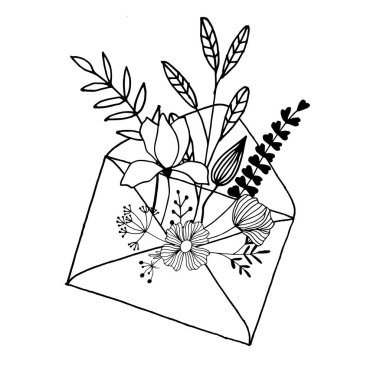 Elinde çiçekler ve çiçek desenli zarf, kartlar ve çıkartmalar için kullanılabilir. Beyaz arkaplan üzerine çizim.