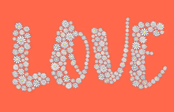 Daisy vektör dizaynına bayılır. Turuncu arka planda beyaz papatyalardan yapılmış kelime aşkı, el yapımı papatyalar. Reklamlar, tabelalar, menüler ve web afişleri için uygun.