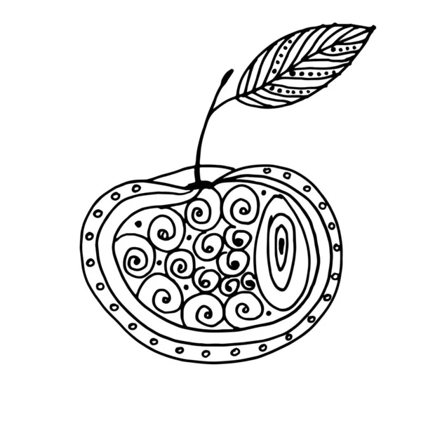 Bir yolcu gemisi tarafından çizilmiş Doodle Sweet elması kartlar ve çıkartmalar için kullanılabilir. Siyah beyaz elma. Beyaz bir arkaplan çiziyor. Meyveli elma karalaması.