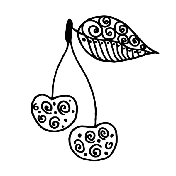 Elle çizilmiş Doodle Sweet kirazı kartlar ve çıkartmalar için kullanılabilir. Siyah beyaz kiraz. Beyaz arkaplan üzerine çizim