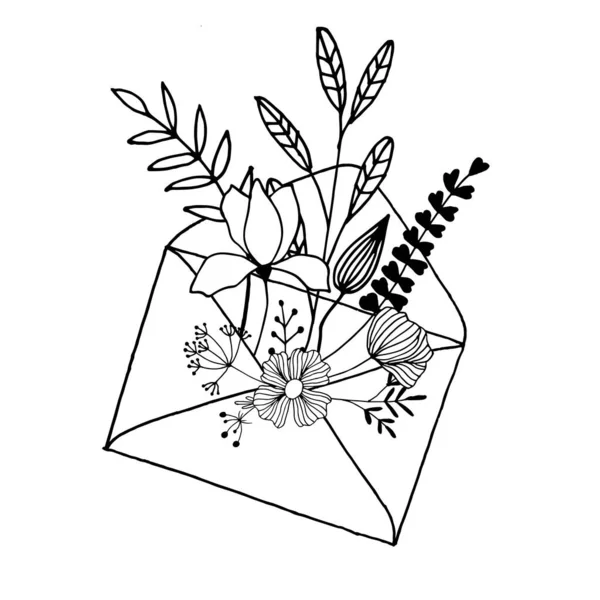 Elinde çiçekler ve çiçek desenli zarf, kartlar ve çıkartmalar için kullanılabilir. Beyaz arkaplan üzerine çizim.
