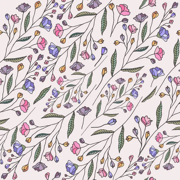 Çiçek açan bitkisel motiflerdeki çiçek desenleri rastgele dağılmış. Kusursuz vektör dokusu. Moda baskıları için. El çizimi biçimli hafif arkaplan ile yazdırılıyor.