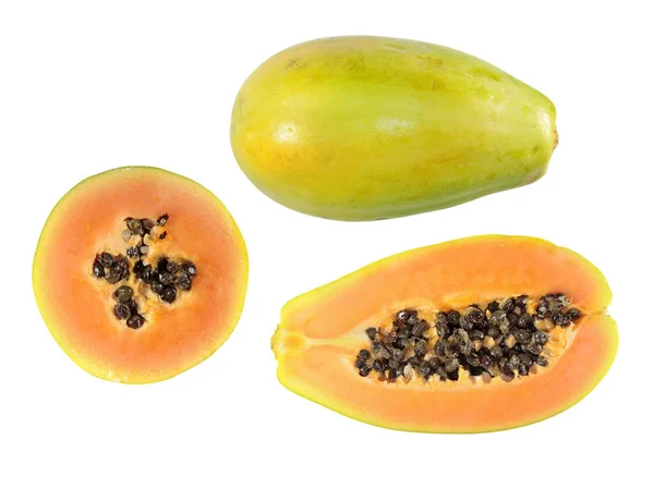 Set Fructe Jumătate Tăiate Papaya Integrală Izolate Fundal Alb — Fotografie, imagine de stoc