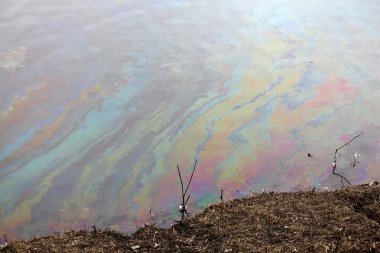 Benzin yamalari yüzeyi su ile gökkuşağı renkli