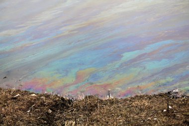Benzin yamalari yüzeyi su ile gökkuşağı renkli
