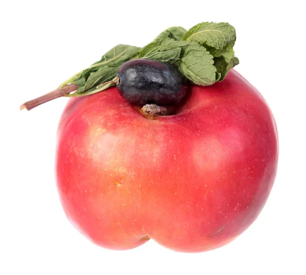 Roter Apfel Lila Traubenbeere Und Minzzweig Mit Frischen Grünen Blättern — Stockfoto
