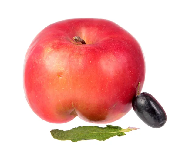 Roter Apfel Lila Traubenbeere Und Grünes Minzblatt Isoliert Auf Weißem — Stockfoto