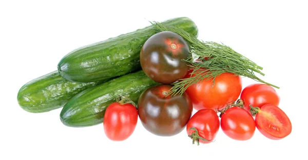 Fresh Green Cucumbers Different Red Tomatoes Bundle Green Dill Leaves — Stock Photo, Image