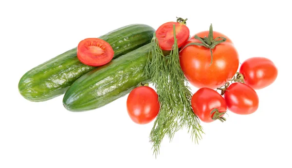 Pepinos Verdes Frescos Diferentes Tomates Rojos Manojos Hojas Eneldo Verde —  Fotos de Stock