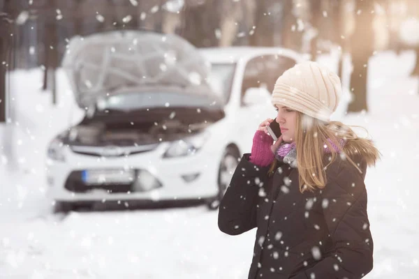 Használ Smartphone Road Segítséget Hívni Télen Jármű Fogalma Stock Kép