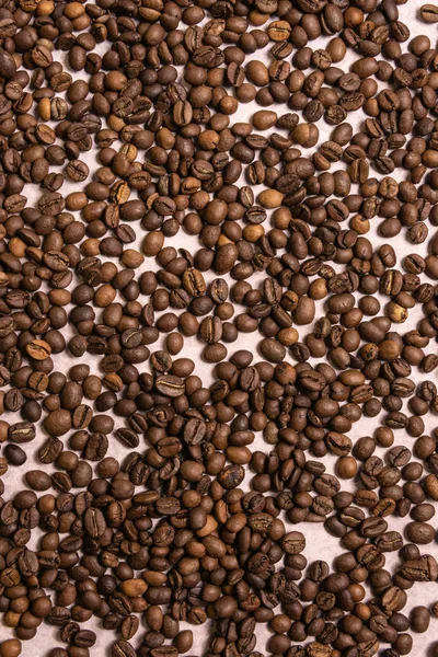 Roasted coffee beans in bulk on a light pink background — Stock Photo, Image