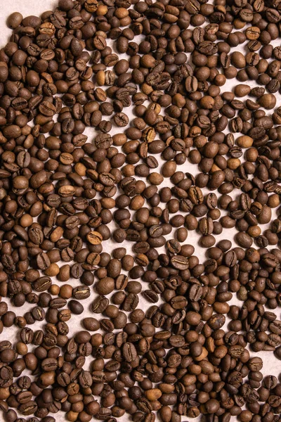 Roasted coffee beans in bulk on a light pink background