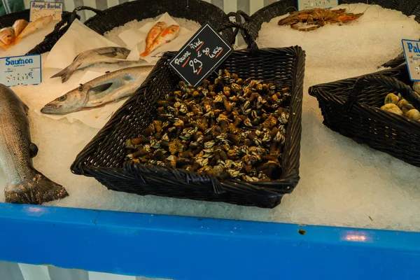 Улитки в кастрюле и рыба с ценой в магазине на улице — стоковое фото