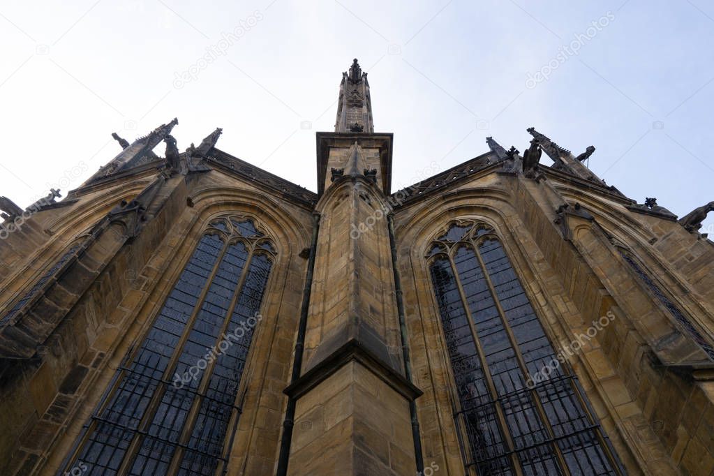 The spiers of the Gothic cathedral.  Bottom up view