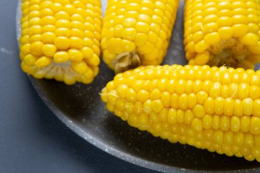 Taze pişmiş sarı Mısır koçanı gri bir çanak üzerinde yalan