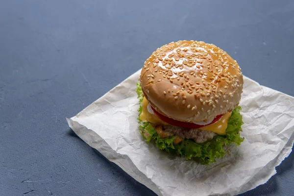 Hambúrguer com carne de vaca, salada, uma fatia de tomate e queijo, oni — Fotografia de Stock
