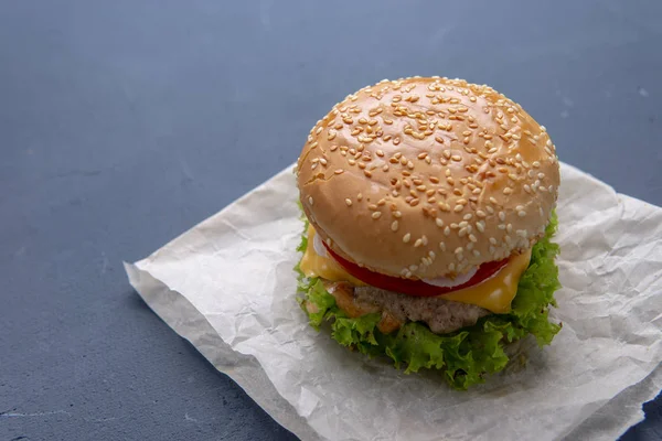 Hambúrguer com carne de vaca, salada, uma fatia de tomate e queijo, oni — Fotografia de Stock