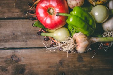 Domates, soğan, patates, biber, sarımsak, havuç ve pancar. Vege