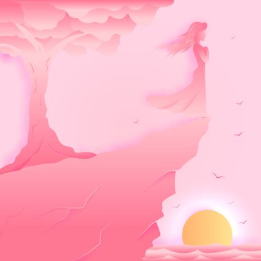 Sevgililer günü kartı. Arka plan güzel kız illüstrasyon. Çizgi film kağıt. Kız rock rüya, gölgeler, siluet kenarında duruyor. Vektör çizim