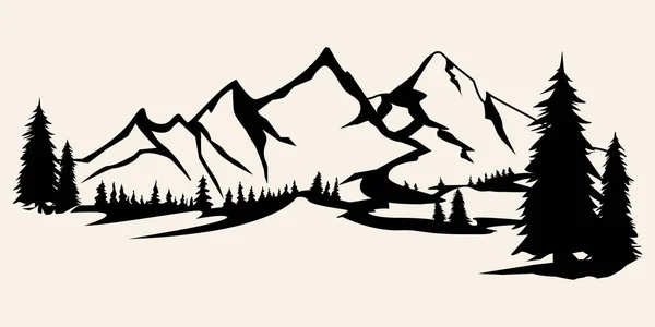 Bergen silhuetter. Bergen vektor, bergen vektor av utomhus designelement, bergslandskap, träd, pine vector Mountain natur illustration. — Stock vektor