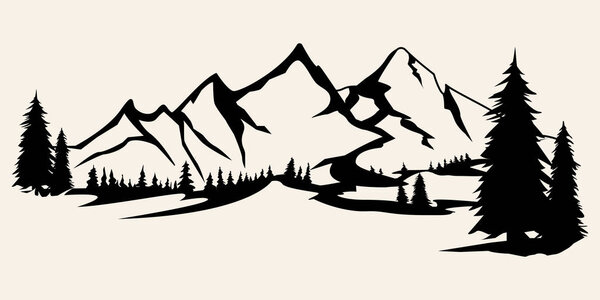 Mountains silhouettes. Mountains vector, Mountains vector of outdoor design elements, Mountain scenery, trees, pine vector, Mountain scenery illustration.