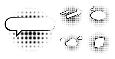 Pop sanat tarzı boş şablon kümesi. Vektör komik metin konuşma balonu yarı ton nokta arka plan. Boş çizgi roman bulut kitap iletişim alanı çizgi film kutusu popüler sanat için. Pop sanat boş şablon kümesi