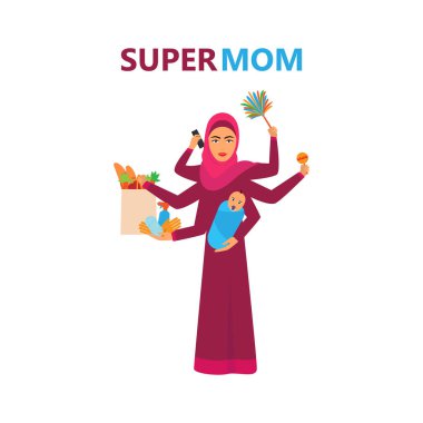 Süper Arap kadın. Süper Müslüman kadın. Süper anne - Bebekli anne, çalışıyor, yemek pişiriyor, temizlik yapıyor ve alışveriş yapıyor - taşıyıcı.