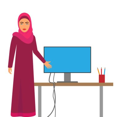 Müslüman kadının iş, vektör Arap iş karakter, Suudi karikatür işkadını bilgisayar kullanarak Office masasında. Vektör