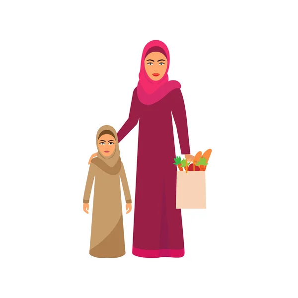 Muslim Family Shopping on Supermarket Sale Cartoon Vector Illustration with Parents in Arabian Ethnic Clothes, Riding Child on Shopping Cart with Food near Shelves in Supermarket. Food Savings Concept