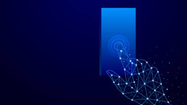 Cep telefonu dokunmatik ekran gelecek düşük Poli tel kafes. Fütüristik konsept. şeklinde oluşan puan, satır ve yıldız şeklinde şekiller imha şekillerle bir yıldızlı gökyüzü veya alan, poligonal görüntü.
