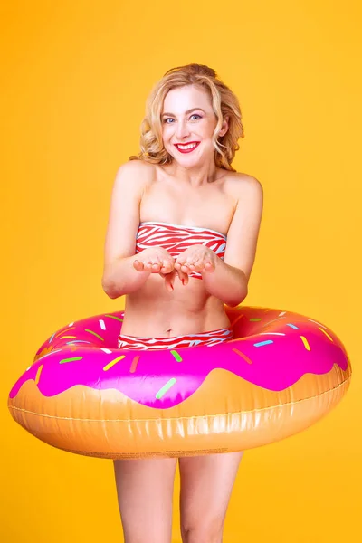 Blond Woman Swimsuit Rubber Ring Yellow Background Studio — Stock Photo, Image