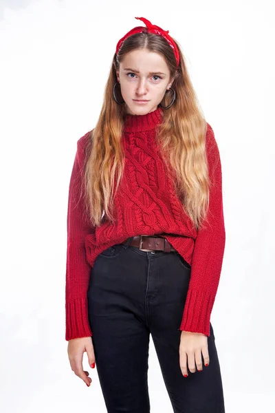 Teenager Girl Red Sweater Black Jeans White Background Studio — Stock Photo, Image