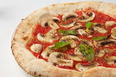 Beyaz arka planda farklı malzemelerle taze pizza.