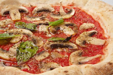 Beyaz arka planda farklı malzemelerle taze pizza.