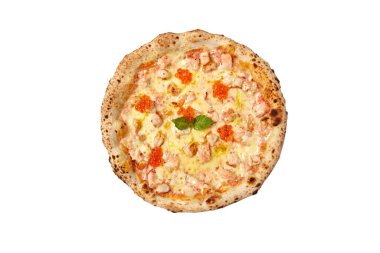 Beyaz arka planda farklı malzemelerle taze pizza.