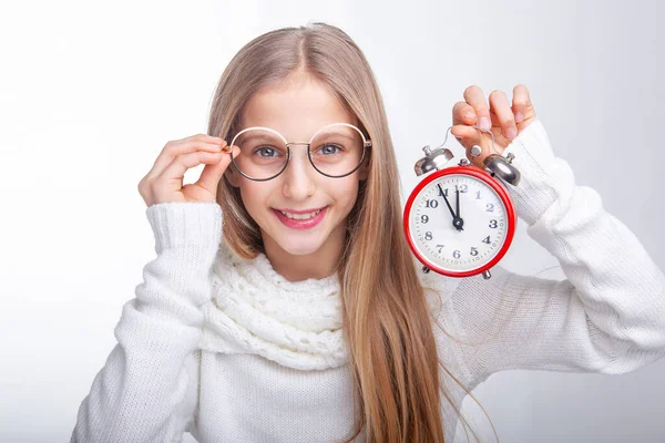 Girl Teenager Glasses Vision Holds Watch His Hands Studio — Stock Photo, Image