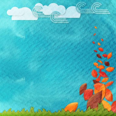 Stylized autumn leaves on a textured watercolor background with clouds and blowing wind forming a frame around the copyspace in the centre clipart