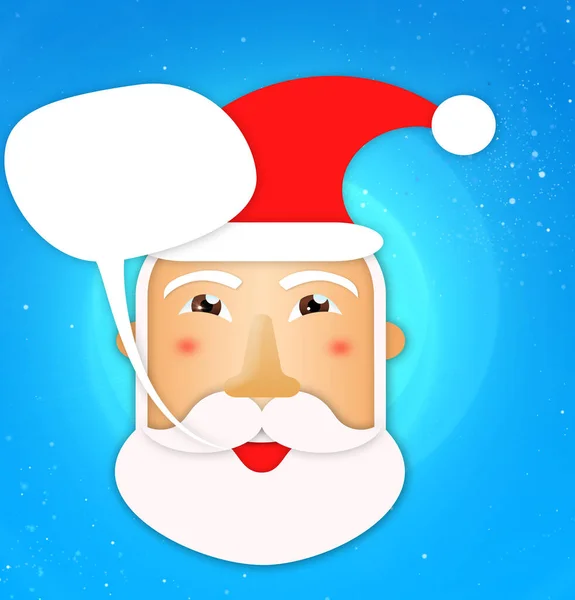 Happy Santa Clean stylized flat illustration of laughing Santa on a blue background with subtle stars in the background looking straight at viewer while smiling with a speech bubble