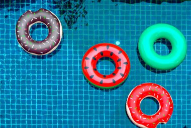 Renkli havuzu halkaları yüzer yüzer havuz zemin, yaz konsepti üzerine vardır