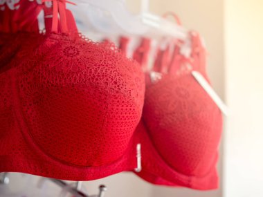 Kırmızı seksi dantel sütyen iç çamaşırı dükkanında rafta asılı satırı