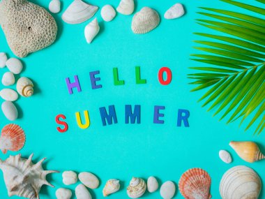 Düz Lay plaj aksesuarları, Merhaba yaz renkli metin, plaj deniz kabuklarını, mercan, plaj çakıl ve mavi arka plan Hindistan cevizi hurma yaprağı. Üstten görünüm tatil yaz konsepti.