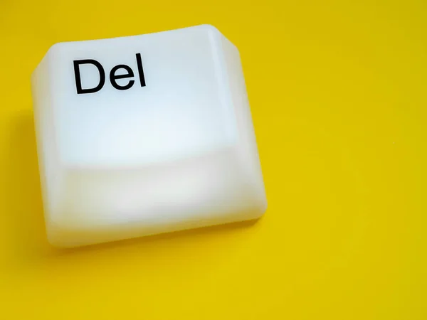 Big Delete Computer Key Button Light Box Isolated on Yellow Background with Space. Eraser Concept.