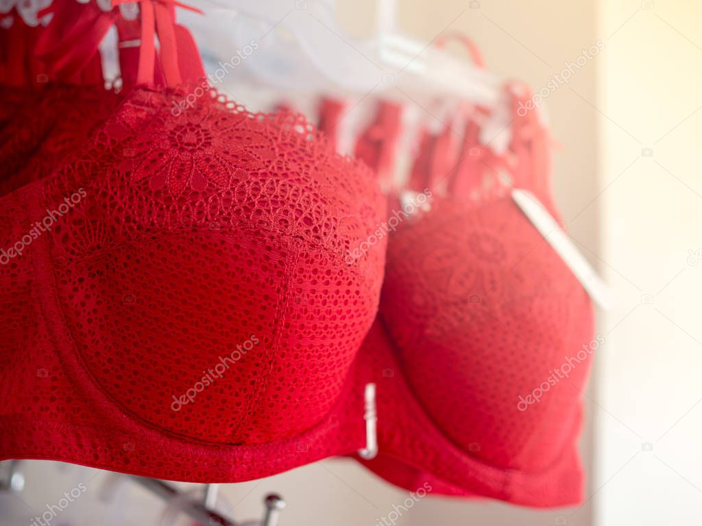 Row of Red Sexy Lace Bras Hanging on Shelf in Underwear Shop